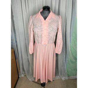 dress 1980s sheer lace bodice ruffle front pink